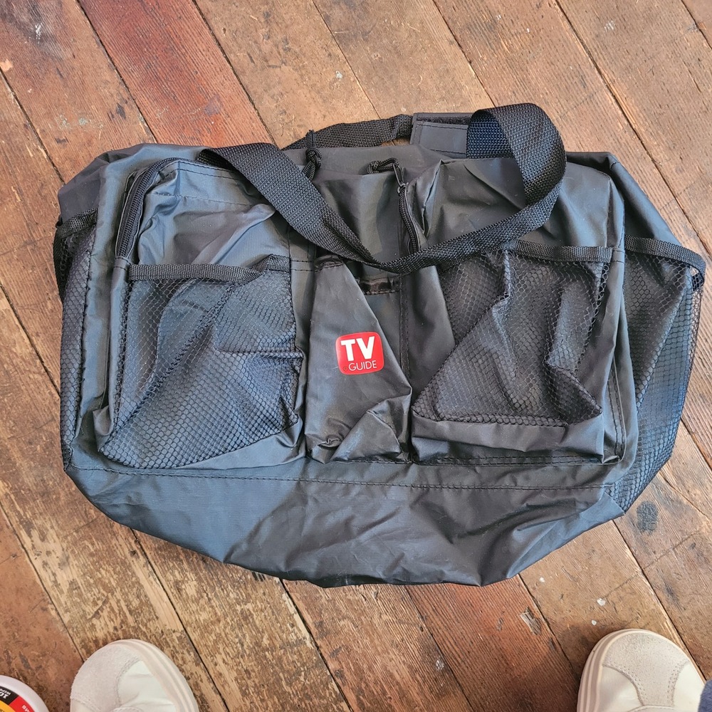 Vintage TV Guide Black Nylon Duffel Bag Promo Media Travel Gym Bag Mesh Pockets